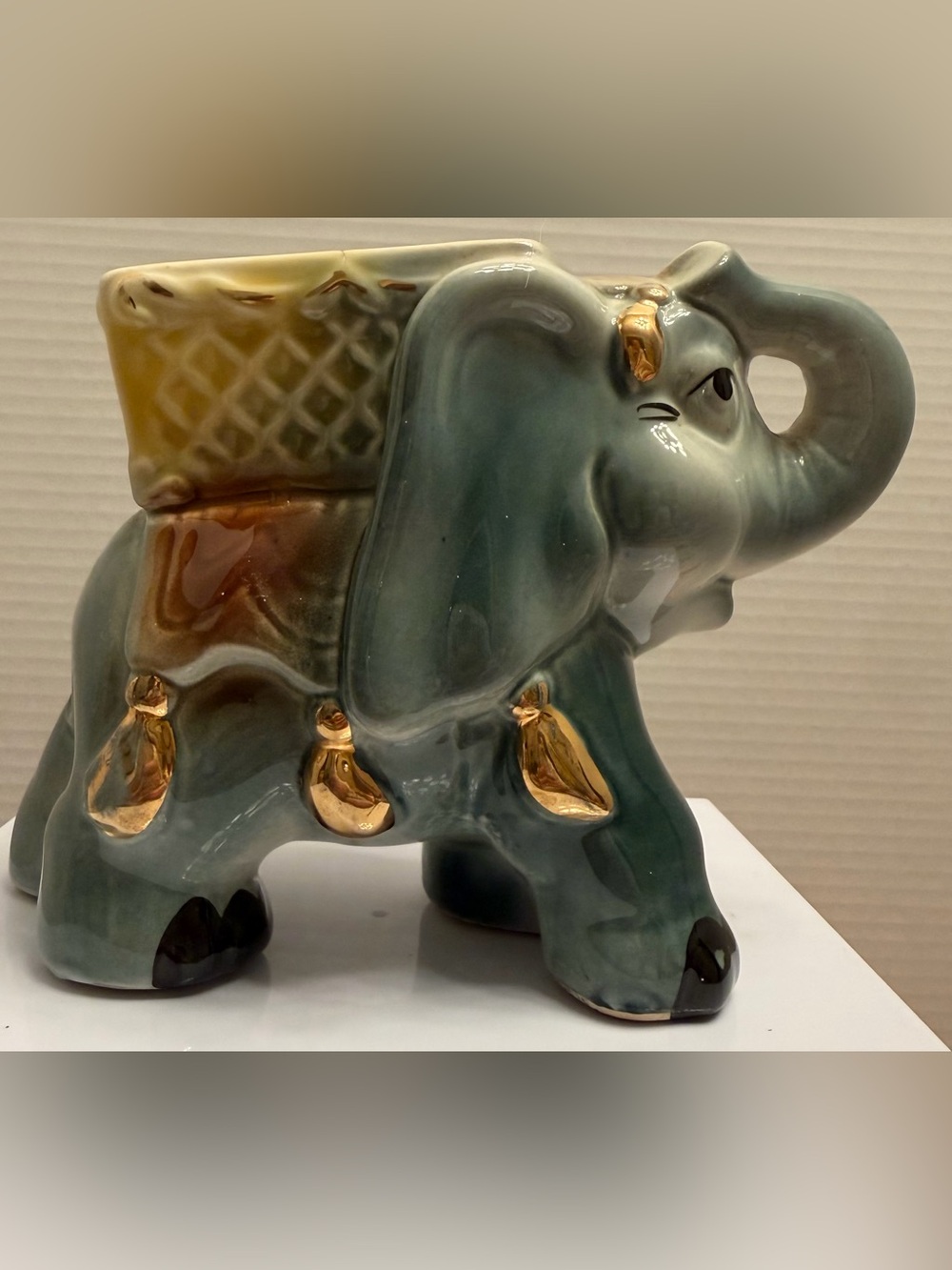Vintage Mid Century Ceramic Elephant Planter Gold Gilt Howdah